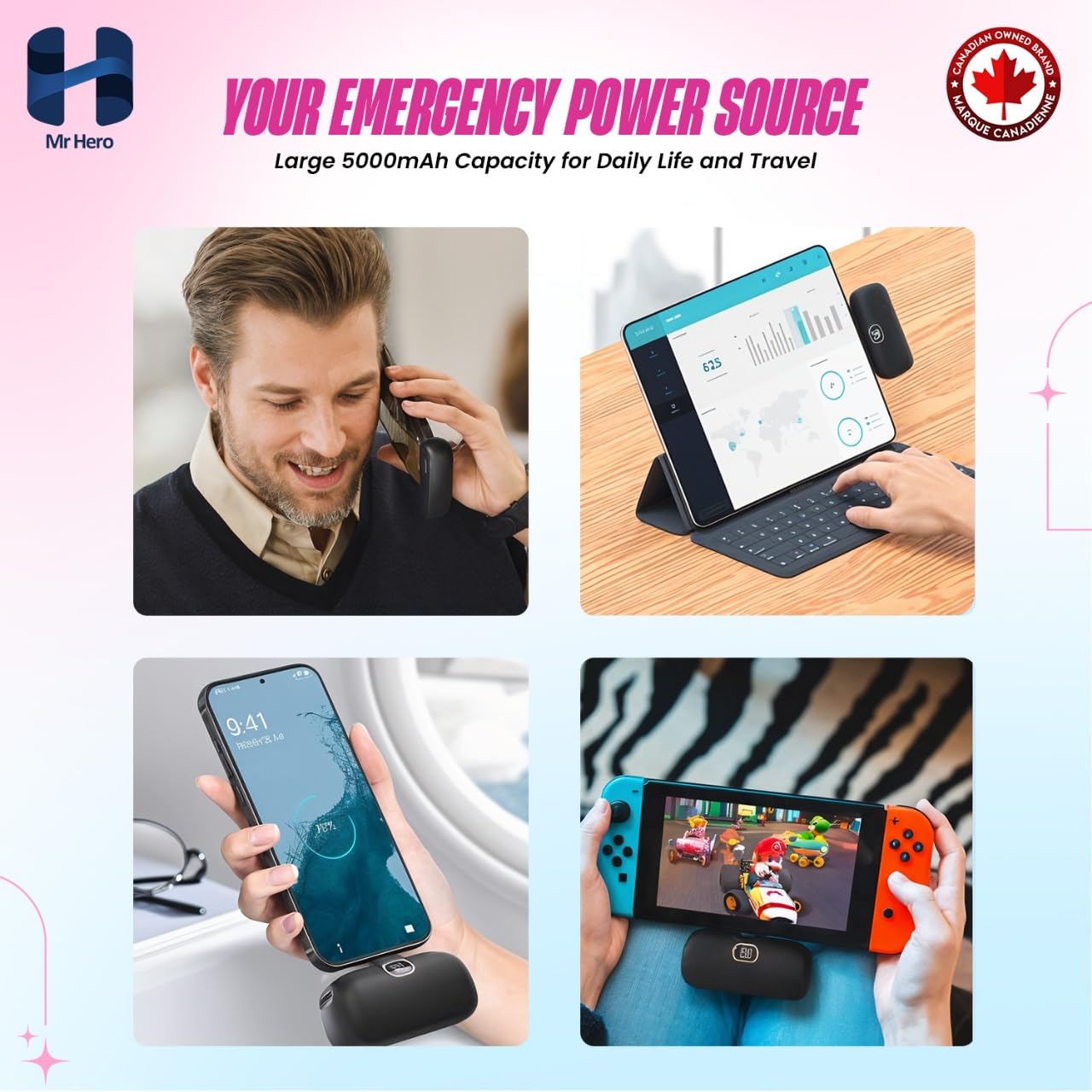Mr Hero Ultra Thin Portable Charger/Power Bank 5000mAh – 22.5W Fast Charging Battery Pack with LED Display, Built-in USB-C – Compatible with iPhone, Samsung for Travel & Everyday Use