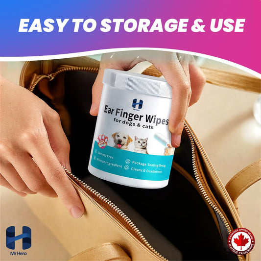 Mr Hero Pet Ear Wipes – Finger Wipes for Dogs & Cats – Alcohol-Free, Natural Ingredients, Hypoallergenic Ear Cleaner – Deodorizing & Gentle Ear Cleaner Wipes – 50 Count