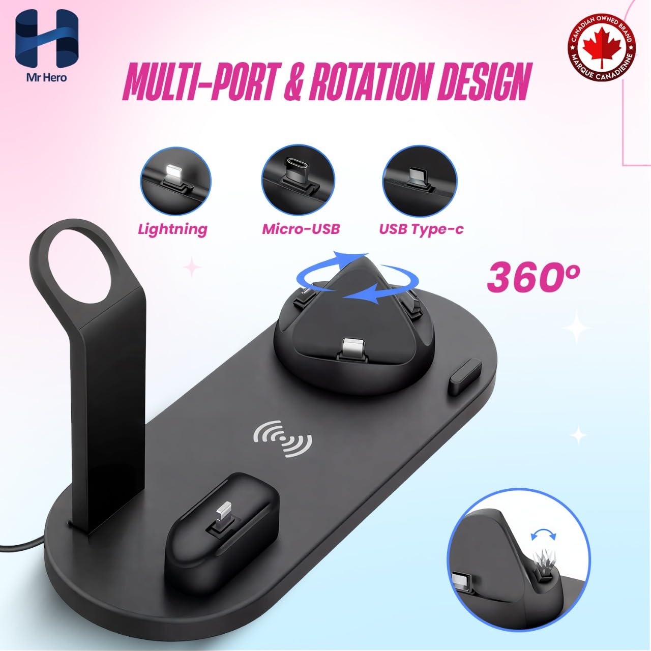 Mr Hero 3-in-1 Wireless Phone Charger Station β Fast Dock for iPhone, Samsung, Apple Watch & AirPods, MagSafe Compatible, Foldable USB-C Powered