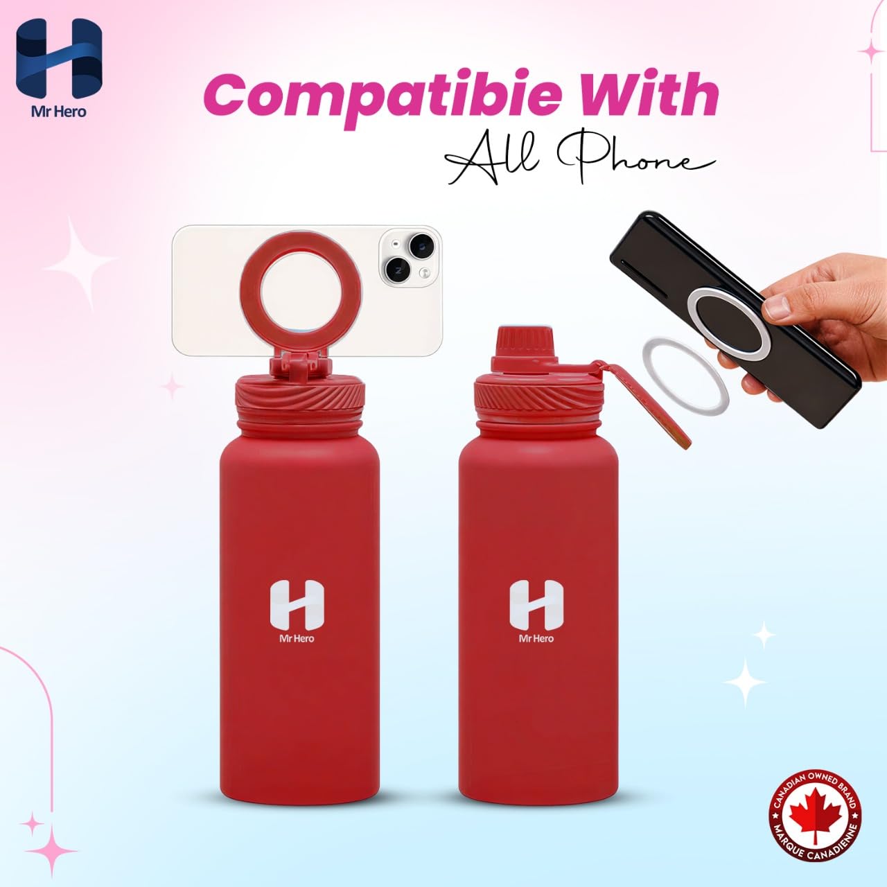 Mr Hero Water Bottle with Magnetic Phone Holder – MagSafe Compatible for All Phones – Stainless Steel, Leakproof, Insulated Water Bottle – Ideal for Sports, Yoga, Pilates & Content Creation