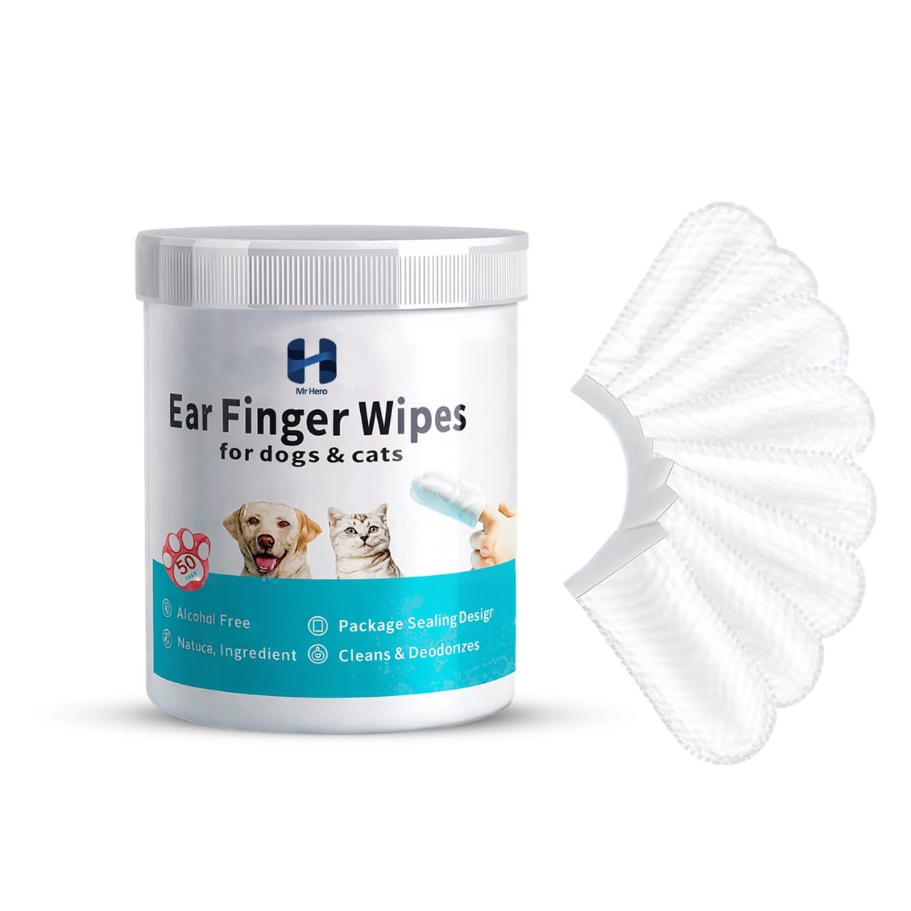 Mr Hero Pet Ear Wipes – Finger Wipes for Dogs & Cats – Alcohol-Free, Natural Ingredients, Hypoallergenic Ear Cleaner – Deodorizing & Gentle Ear Cleaner Wipes – 50 Count
