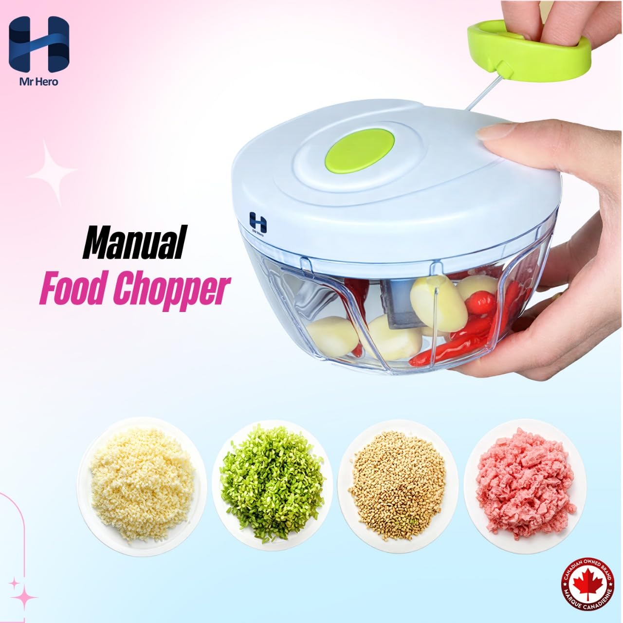 Mr Hero Manual Food Chopper – Hand-Pull Vegetable & Onion Chopper, Mini Manual Food Processor with 3 Stainless Steel Blades, BPA-Free 500 ml Bowl, No-Electricity, Easy-Clean