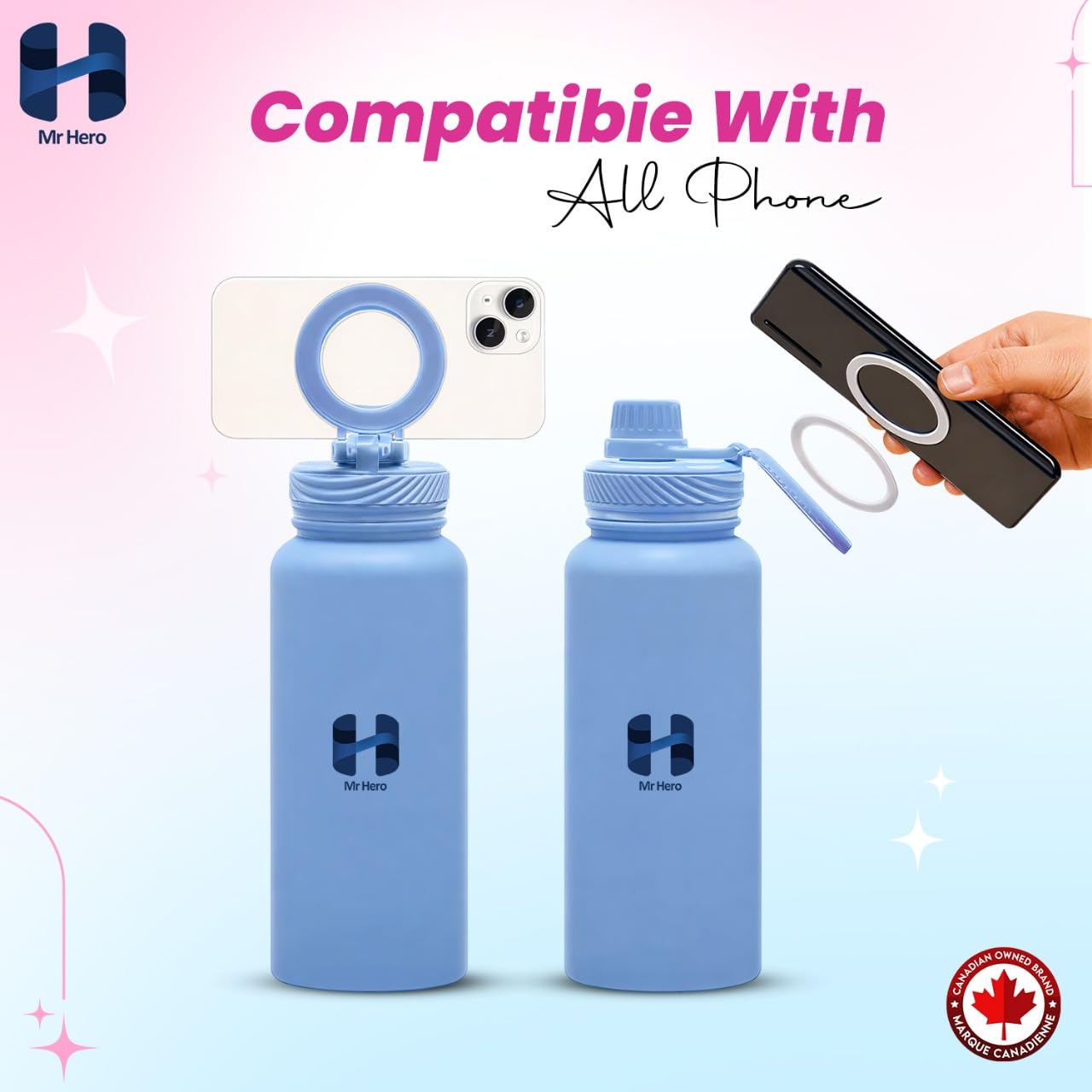 Mr Hero Water Bottle with Magnetic Phone Holder – MagSafe Compatible for All Phones – Stainless Steel, Leakproof, Insulated Water Bottle – Ideal for Sports, Yoga, Pilates & Content Creation