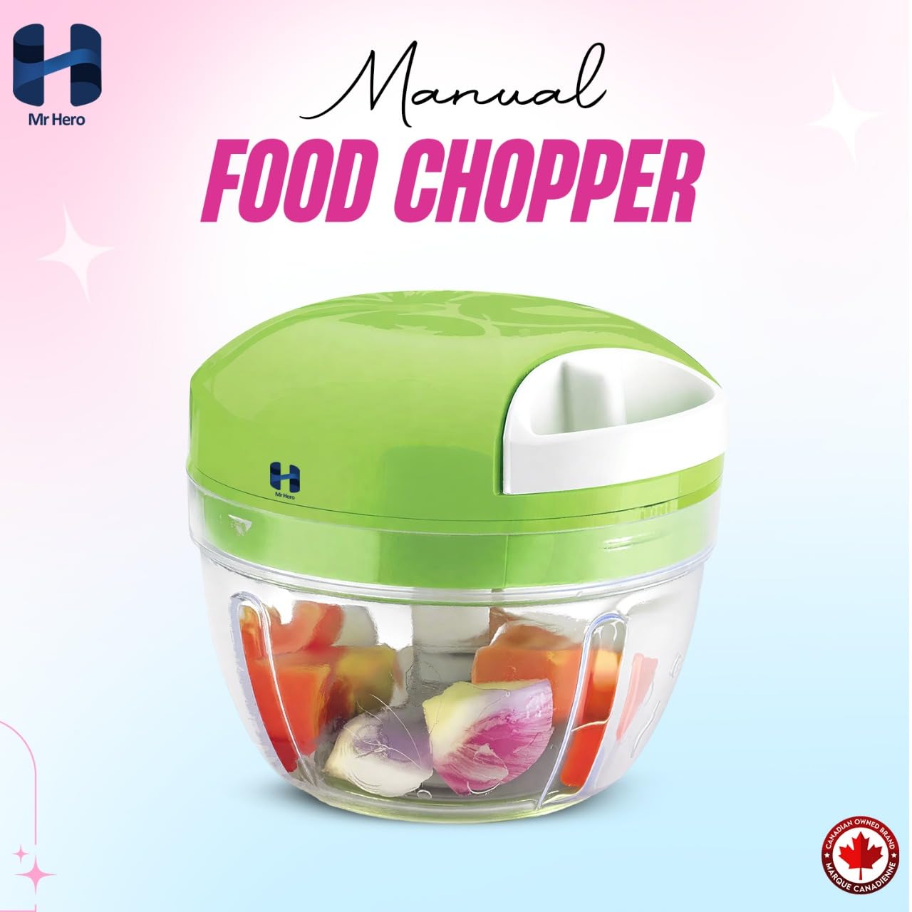 Mr Hero Manual Food Chopper – Hand-Pull Vegetable & Onion Chopper, Mini Manual Food Processor with 3 Stainless Steel Blades, BPA-Free 500 ml Bowl, No-Electricity, Easy-Clean