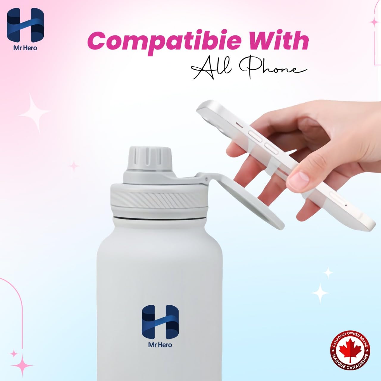 Mr Hero Water Bottle with Magnetic Phone Holder – MagSafe Compatible for All Phones – Stainless Steel, Leakproof, Insulated Water Bottle – Ideal for Sports, Yoga, Pilates & Content Creation