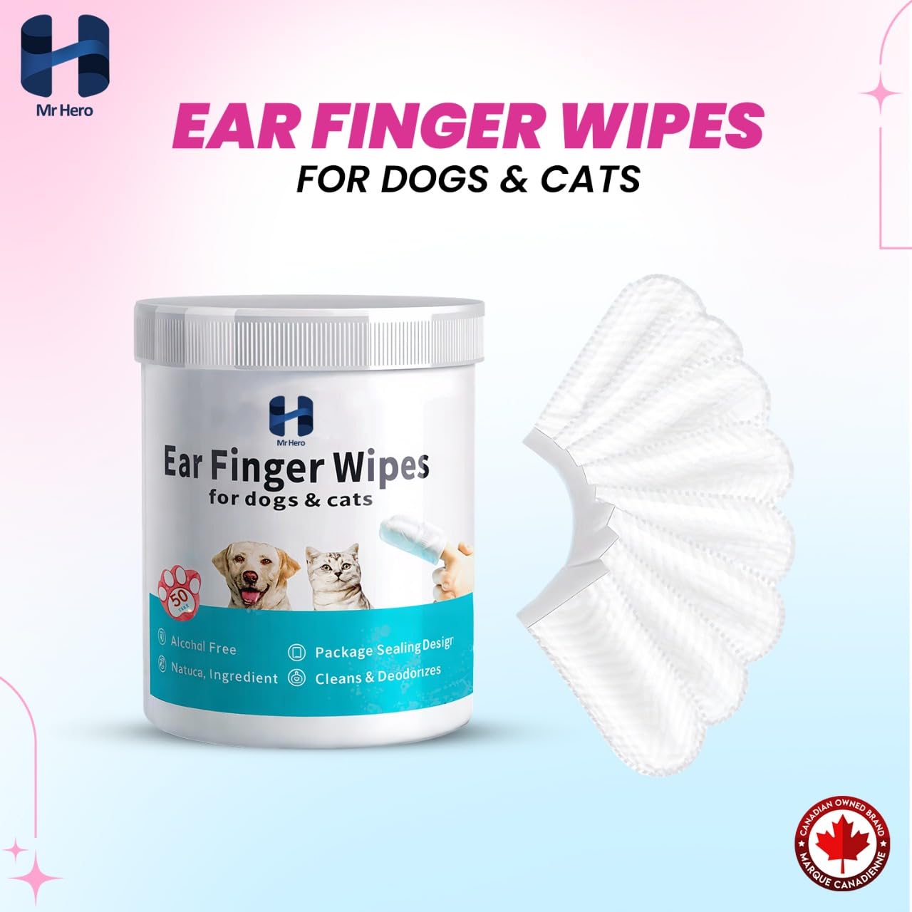 Mr Hero Pet Ear Wipes – Finger Wipes for Dogs & Cats – Alcohol-Free, Natural Ingredients, Hypoallergenic Ear Cleaner – Deodorizing & Gentle Ear Cleaner Wipes – 50 Count
