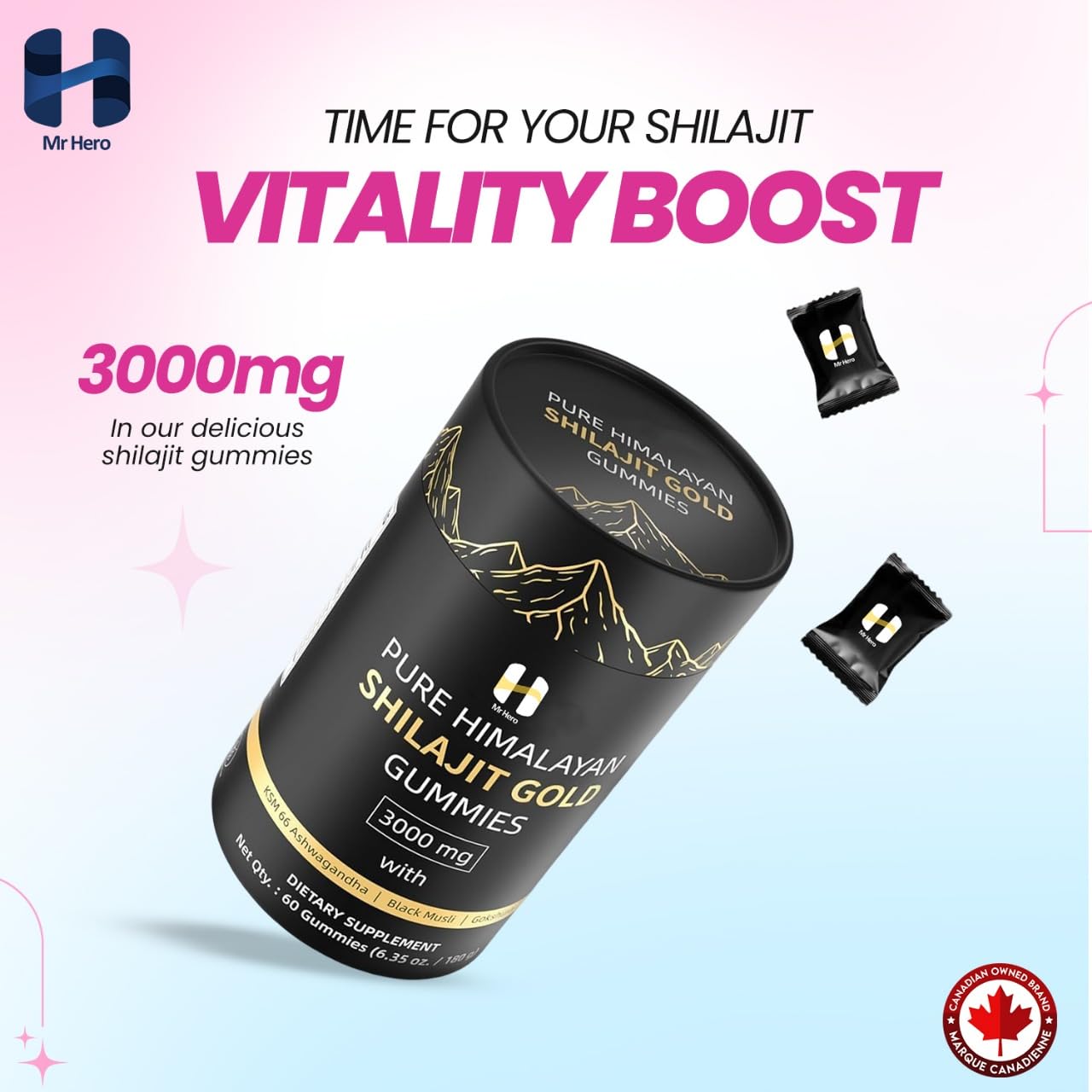 Mr Hero Shilajit Gummies – Organic Himalayan Shilajit Gummies Gold 3000mg – Energy, Stamina & Strength Support for Men & Women – Natural Herbal Supplement – 60 Gummies