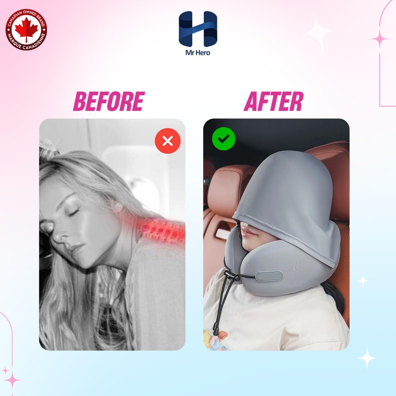 Mr Hero Neck Pillow with Hood – Travel Pillow with 360° Support & Shading Hoodie, Soft Memory Foam Airplane Pillow for Flight, Car & Office Naps – Portable Lightweight Design