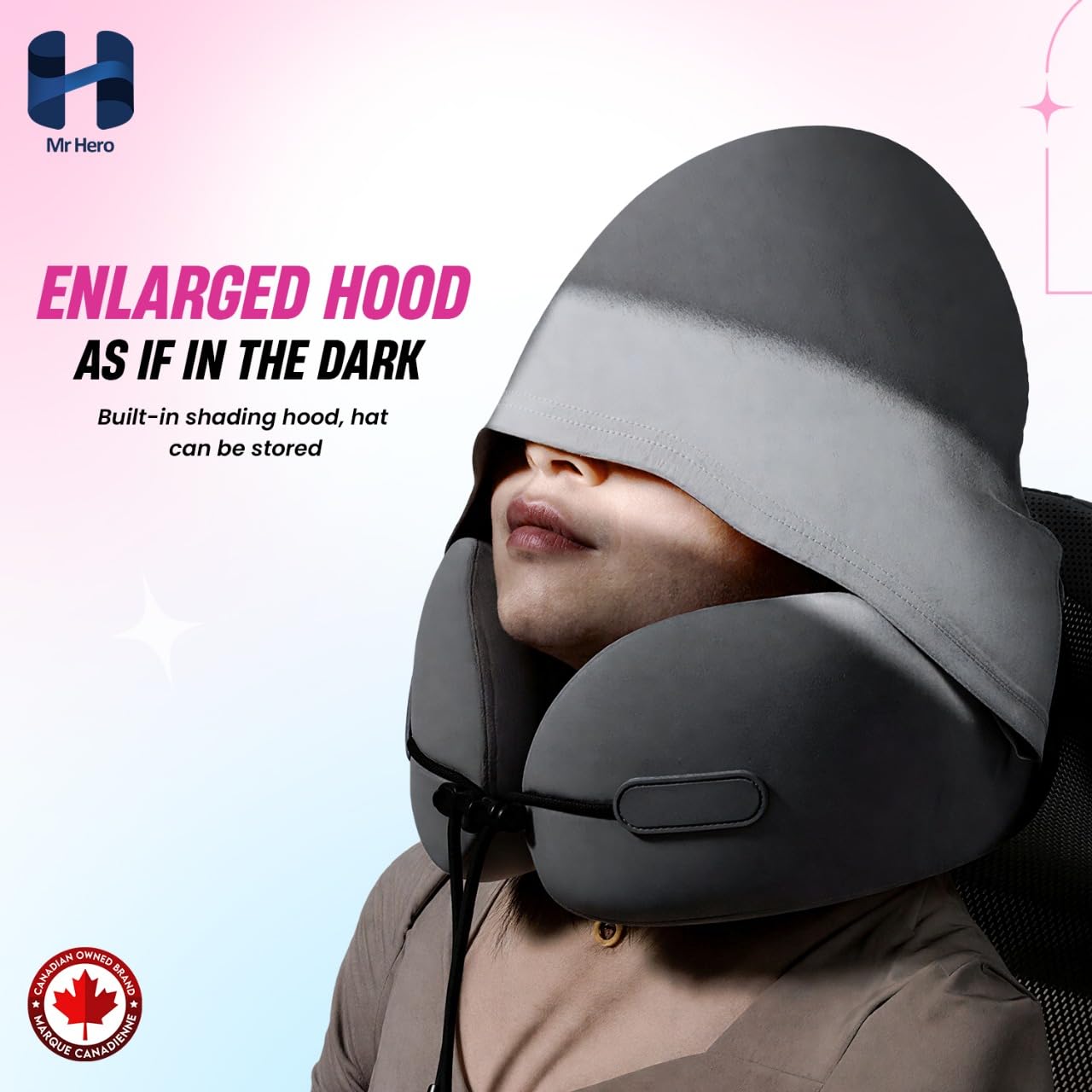 Mr Hero Neck Pillow with Hood – Travel Pillow with 360° Support & Shading Hoodie, Soft Memory Foam Airplane Pillow for Flight, Car & Office Naps – Portable Lightweight Design