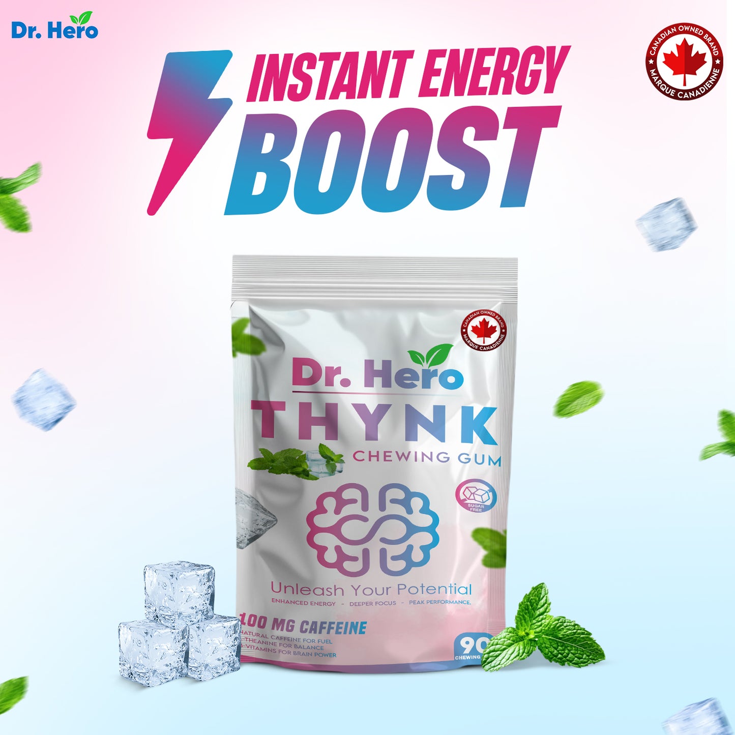 Dr Hero Energy Gum – 100 mg Caffeine Per Piece – Fast-Acting Energy