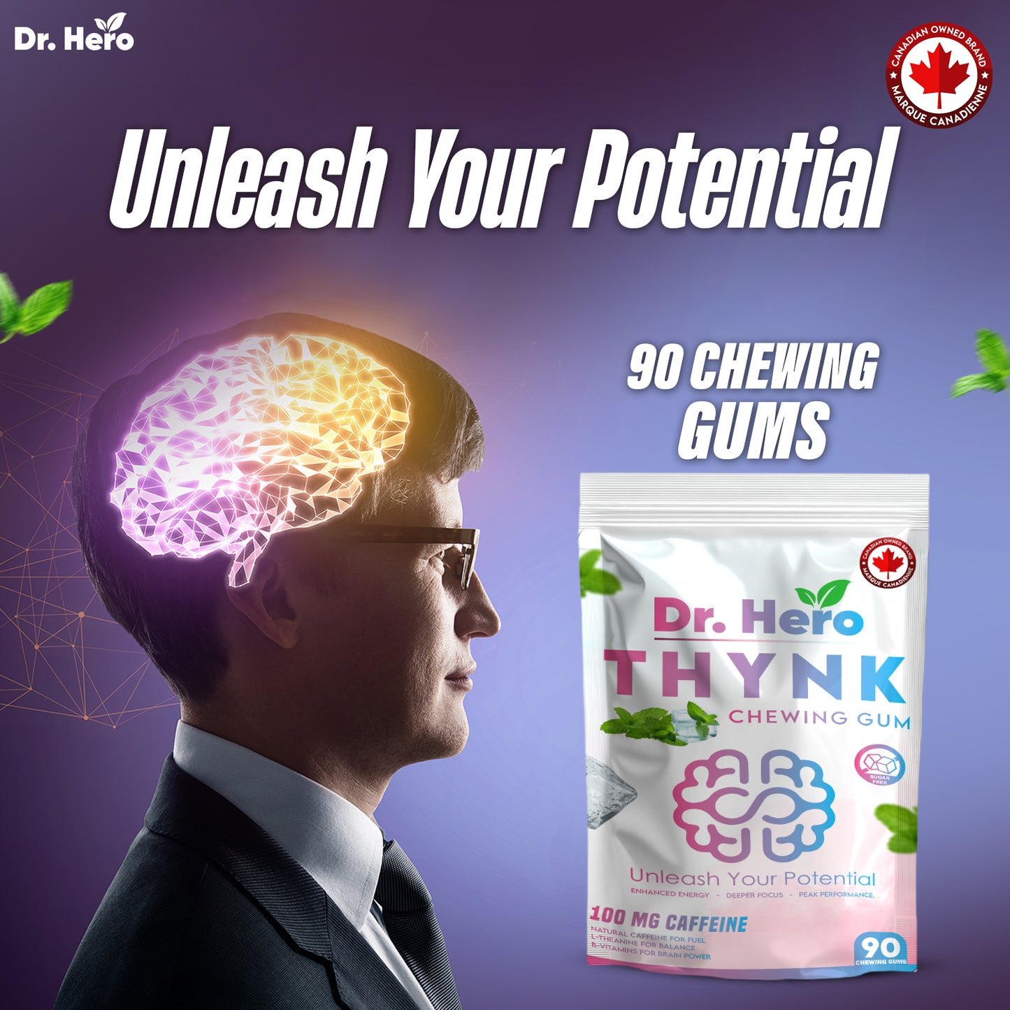 Dr Hero Energy Gum – 100 mg Caffeine Per Piece – Fast-Acting Energy