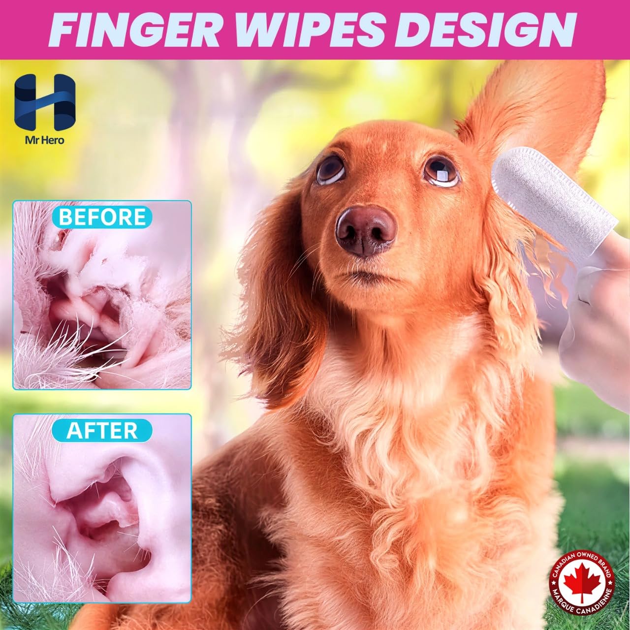 Mr Hero Pet Ear Wipes – Finger Wipes for Dogs & Cats – Alcohol-Free, Natural Ingredients, Hypoallergenic Ear Cleaner – Deodorizing & Gentle Ear Cleaner Wipes – 50 Count