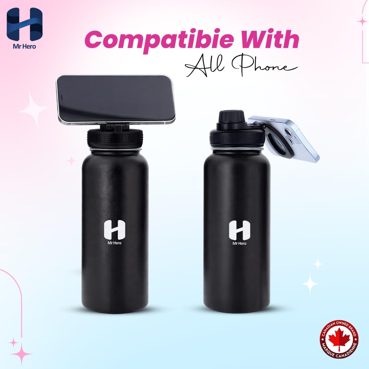 Mr Hero Water Bottle with Magnetic Phone Holder – MagSafe Compatible for All Phones – Stainless Steel, Leakproof, Insulated Water Bottle – Ideal for Sports, Yoga, Pilates & Content Creation