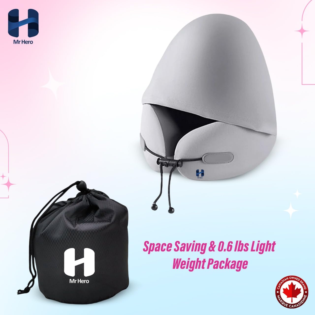 Mr Hero Neck Pillow with Hood – Travel Pillow with 360° Support & Shading Hoodie, Soft Memory Foam Airplane Pillow for Flight, Car & Office Naps – Portable Lightweight Design