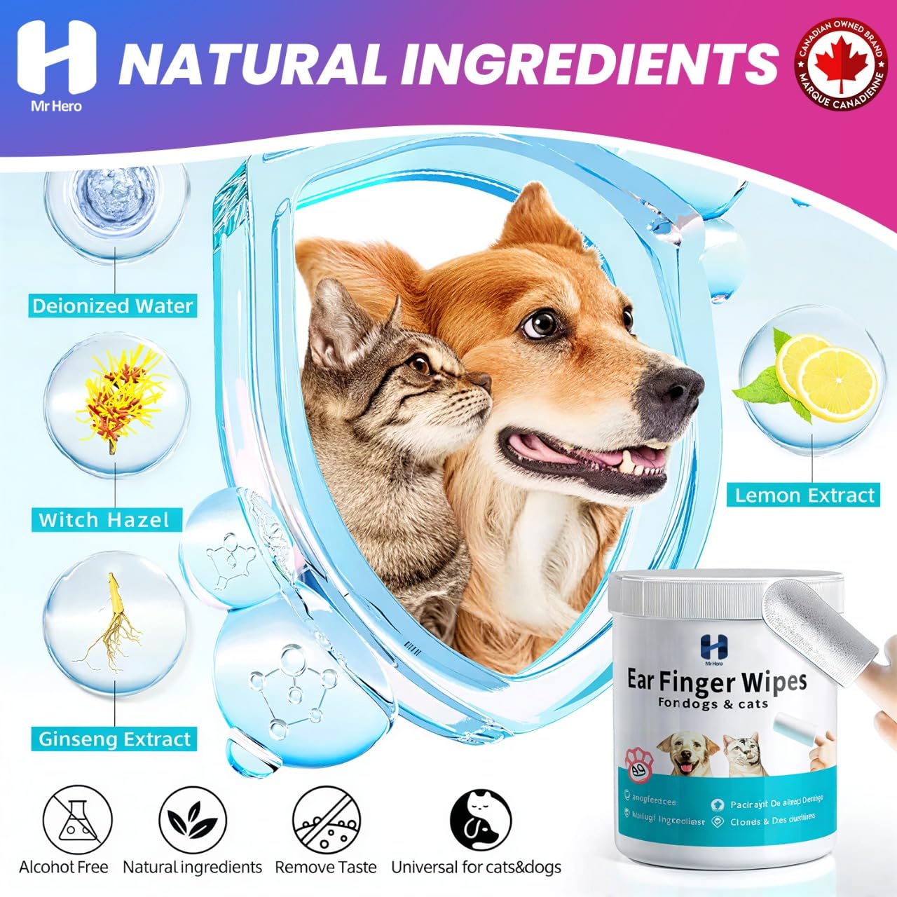 Mr Hero Pet Ear Wipes – Finger Wipes for Dogs & Cats – Alcohol-Free, Natural Ingredients, Hypoallergenic Ear Cleaner – Deodorizing & Gentle Ear Cleaner Wipes – 50 Count